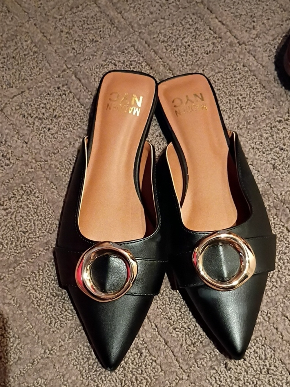 Madden NYC 7.5 Black Pointed Slip-On Mules with Gold Accent